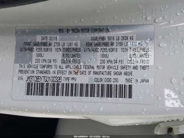 44566244 :رقم المزاد ، JM3TCBBY7G0100326 vin ، 2016 Mazda Cx-9 Sport مزاد بيع