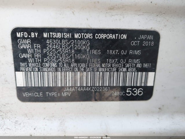 Aukcja sprzedaży 2019 Mitsubishi Eclipse Cross Le, vin: JA4AT4AA4KZ022361, numer aukcji: 44566261