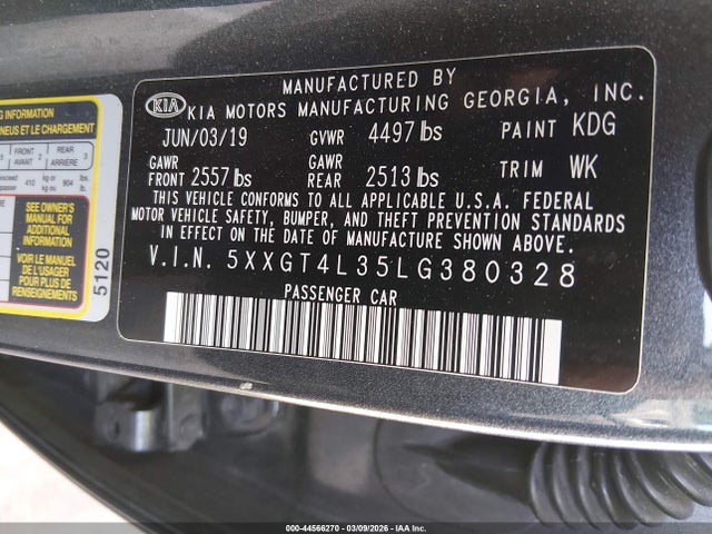2020 Kia Optima Lx მანქანა იყიდება აუქციონზე, vin: 5XXGT4L35LG380328, აუქციონის ნომერი: 44566270