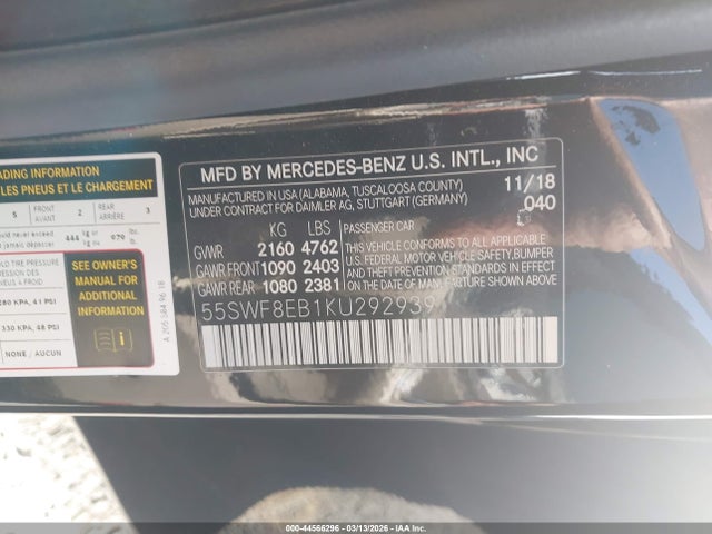 Aukcja sprzedaży 2019 Mercedes-benz C 300 4matic, vin: 55SWF8EB1KU292939, numer aukcji: 44566296