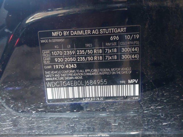 44566312 :رقم المزاد ، WDCTG4EB0LJ684955 vin ، 2020 Mercedes-benz Gla 250 مزاد بيع