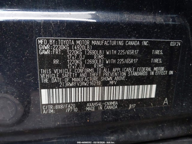 2T3RWRFV3RW216219 Toyota Rav4 Hybrid Xle