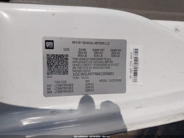 1GCWGAFP9M1306601 Chevrolet Express Cargo Rwd 2500 Regular Wheelbase Wt