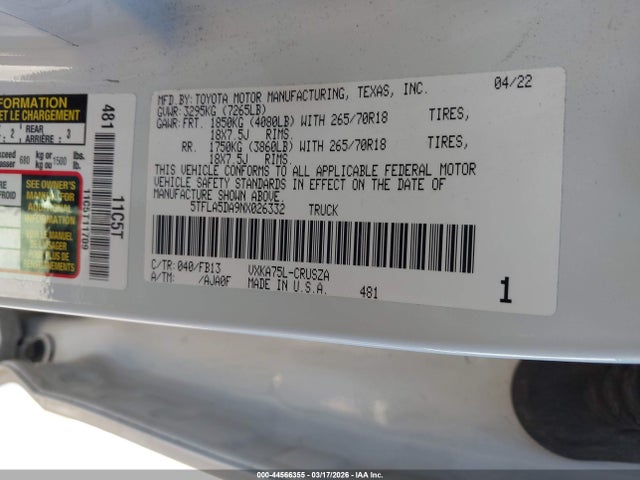 Toyota Tundra Sr5 2022 5TFLA5DA9NX026332 Image 9