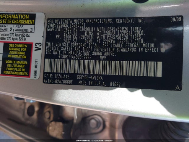 Продаж на аукціоні авто 2009 Toyota Venza Base V6, vin: 4T3BK11A49U019983, номер лоту: 44566400