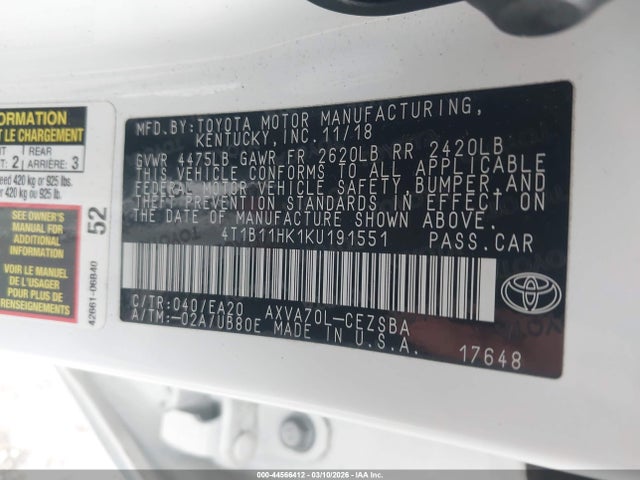 4T1B11HK1KU191551 Toyota CAMRY SE