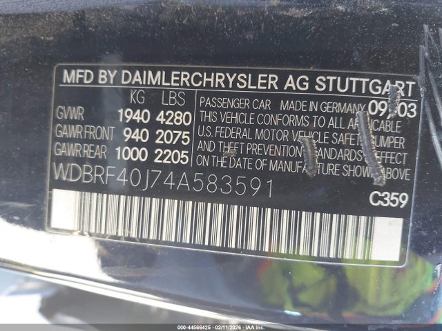 44566425 :رقم المزاد ، WDBRF40J74A583591 vin ، 2004 Mercedes-benz C 230 Kompressor Sport/sport مزاد بيع