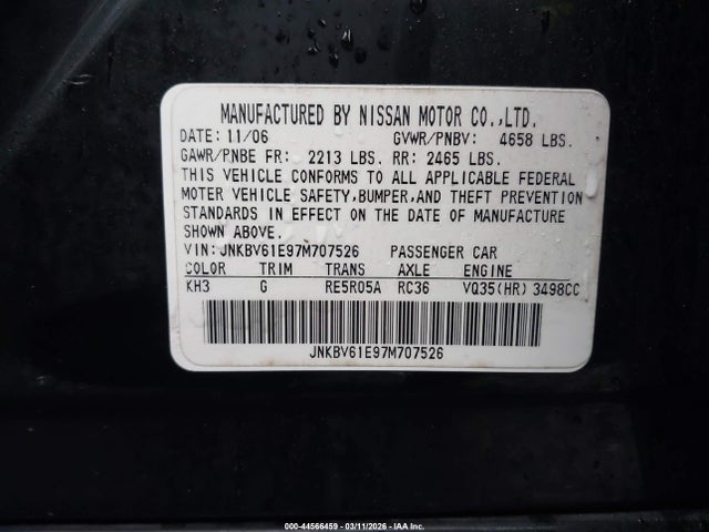 Продаж на аукціоні авто 2007 Infiniti G35 Journey, vin: JNKBV61E97M707526, номер лоту: 44566459