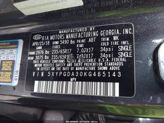 Aukcja sprzedaży 2019 Kia Sorento 2.4l Lx, vin: 5XYPGDA30KG465143, numer aukcji: 44566462
