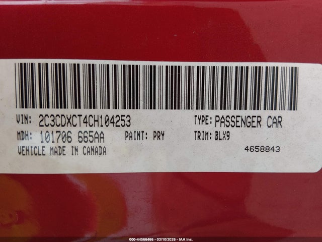 44566466 :رقم المزاد ، 2C3CDXCT4CH104253 vin ، 2012 Dodge Charger R/t مزاد بيع