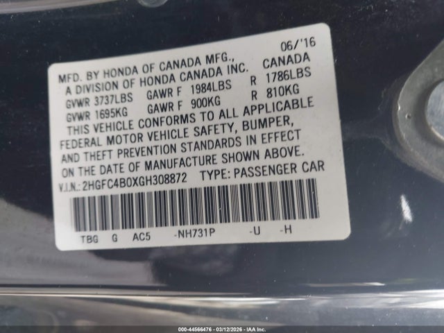 Продажа на аукционе авто 2016 Honda Civic Lx-p, vin: 2HGFC4B0XGH308872, номер лота: 44566476