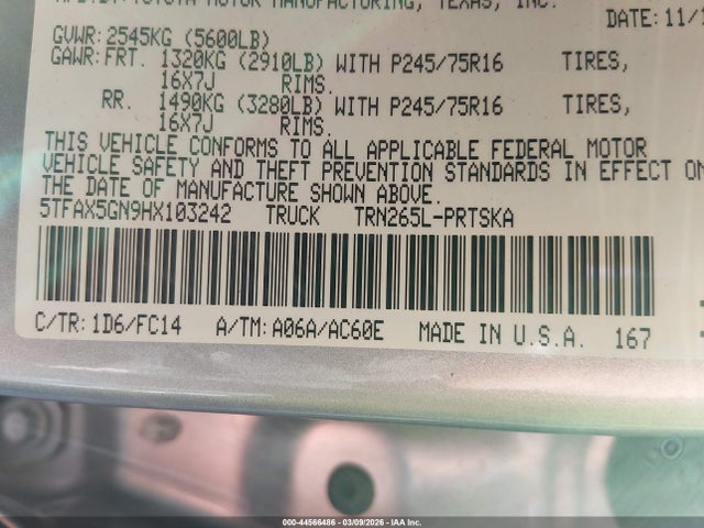5TFAX5GN9HX103242 Toyota Tacoma Sr5