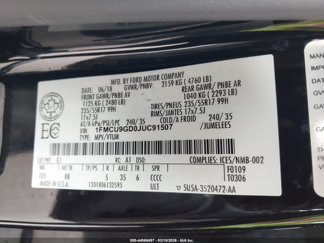 1FMCU9GD0JUC91507 Ford ESCAPE SE