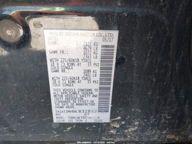 44566543 :رقم المزاد ، 5N1AT2MV8HC832852 vin ، 2017 Nissan Rogue Sl مزاد بيع
