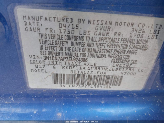 Nissan Versa 1.6 S+ 2015 3N1CN7AP7FL924386 Image 9