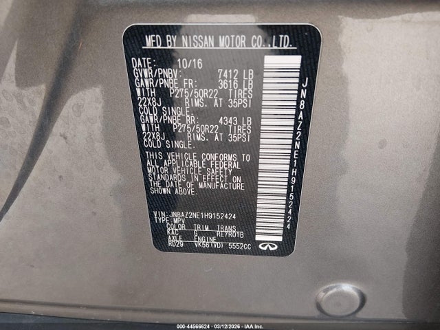 Aukcja sprzedaży 2017 Infiniti Qx80, vin: JN8AZ2NE1H9152424, numer aukcji: 44566624