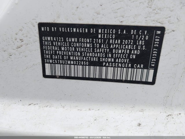 Продаж на аукціоні авто 2021 Volkswagen Jetta 1.4t R-line/1.4t S/1.4t Se, vin: 3VWC57BU2MM022850, номер лоту: 44566702