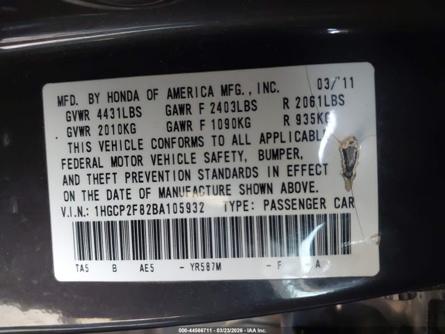 44566711 :رقم المزاد ، 1HGCP2F82BA105932 vin ، 2011 Honda Accord 2.4 Ex-l مزاد بيع