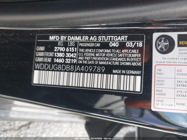 44566751 :رقم المزاد ، WDDUG8DB8JA409789 vin ، 2018 Mercedes-benz S 560 مزاد بيع