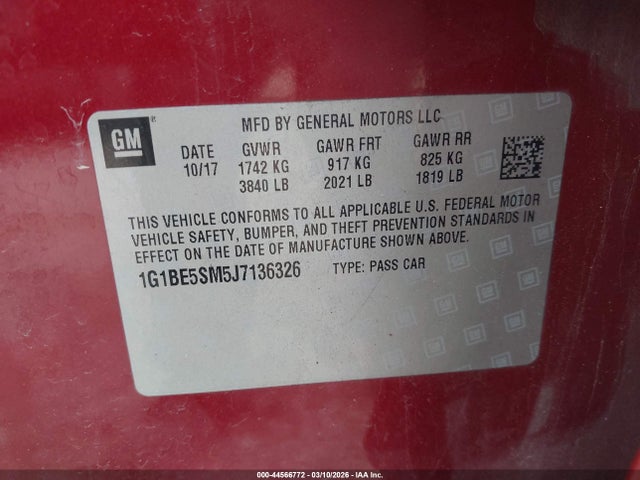 2018 Chevrolet Cruze Lt Auto მანქანა იყიდება აუქციონზე, vin: 1G1BE5SM5J7136326, აუქციონის ნომერი: 44566772