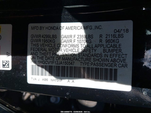 Продаж на аукціоні авто 2018 Honda Accord Lx, vin: 1HGCV1F12JA150547, номер лоту: 44566775