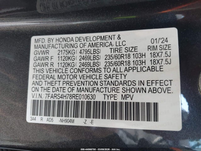 Aukcja sprzedaży 2024 Honda Cr-v Ex-l Awd, vin: 7FARS4H78RE010630, numer aukcji: 44566780