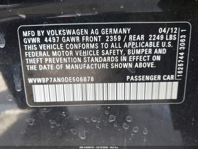 2013 Volkswagen Cc 2.0t Sport მანქანა იყიდება აუქციონზე, vin: WVWBP7AN0DE506878, აუქციონის ნომერი: 44566781
