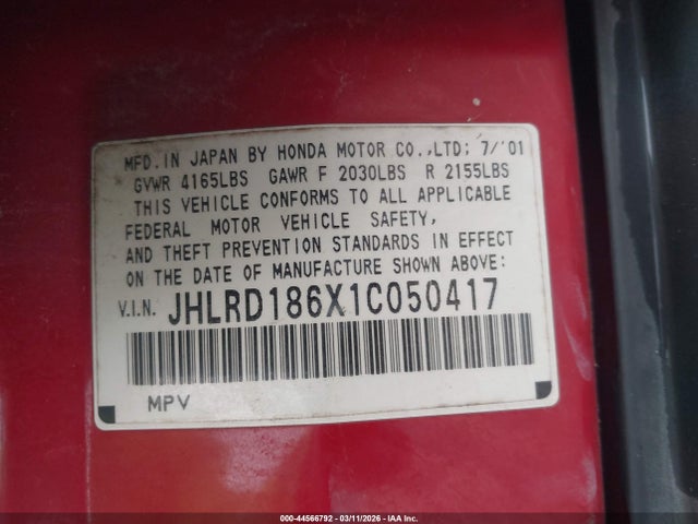 44566792 :رقم المزاد ، JHLRD186X1C050417 vin ، 2001 Honda Cr-v Ex مزاد بيع
