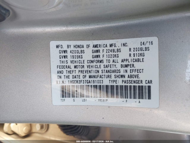 1HGCR2F37GA191003 Honda ACCORD LX