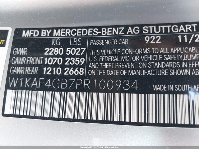 Aukcja sprzedaży 2023 Mercedes-benz C 300 Sedan, vin: W1KAF4GB7PR100934, numer aukcji: 44566822