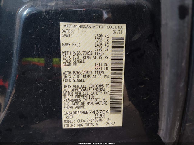 1N6AD0ER9GN743704 Nissan Frontier Sv