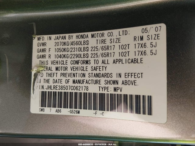 Aukcja sprzedaży 2007 Honda Cr-v Ex, vin: JHLRE38507C062178, numer aukcji: 44566835