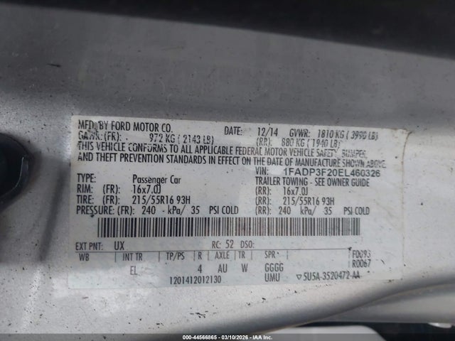 Aukcja sprzedaży 2014 Ford Focus Se, vin: 1FADP3F20EL460326, numer aukcji: 44566865