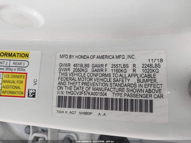1HGCV3F57KA001504 Honda Accord Hybrid Ex-l