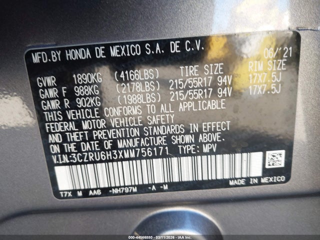 3CZRU6H3XMM756171 Honda Hr-v Awd Lx
