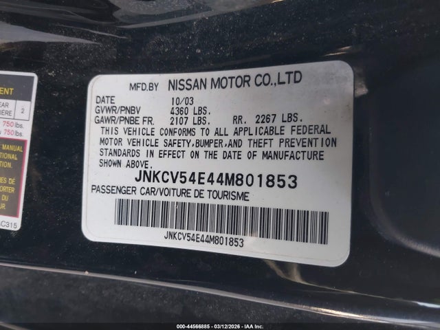 44566885 :رقم المزاد ، JNKCV54E44M801853 vin ، 2004 Infiniti G35 مزاد بيع