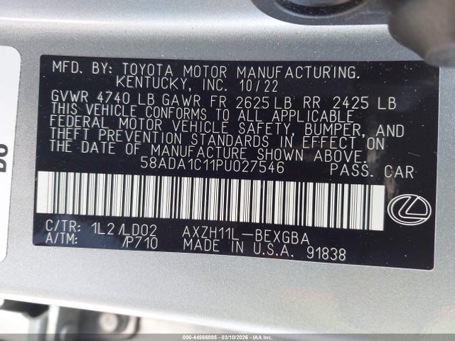 Aukcja sprzedaży 2023 Lexus Es 300h, vin: 58ADA1C11PU027546, numer aukcji: 44566895