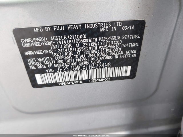 2015 Subaru Forester 2.0xt Touring მანქანა იყიდება აუქციონზე, vin: JF2SJGWCXFH422496, აუქციონის ნომერი: 44566902
