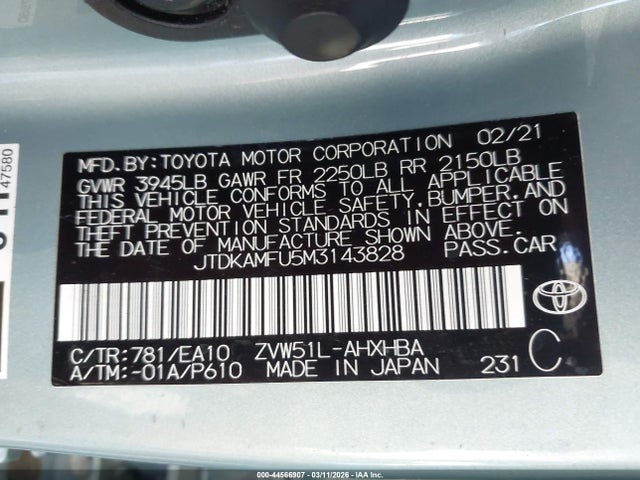JTDKAMFU5M3143828 Toyota PRIUS XLE