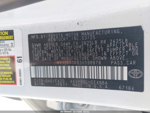Aukcja sprzedaży 2025 Toyota Camry Le, vin: 4T1DAACK8SU598878, numer aukcji: 44566909