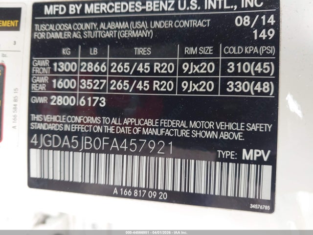Auction sale of the 2015 Mercedes-benz Ml 350, vin: 4JGDA5JB0FA457921, lot number: 44566951