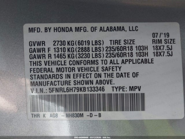 5FNRL6H79KB133346 Honda Odyssey Ex-l
