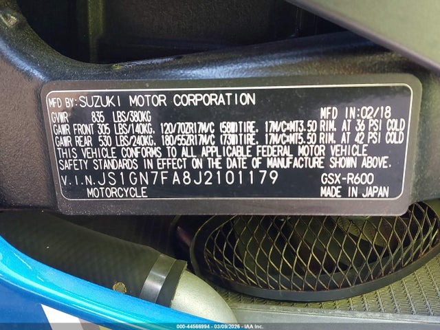 Suzuki GSX-R600 2018 JS1GN7FA8J2101179 Image 10