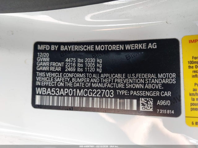 Продажа на аукционе авто 2021 Bmw 430i, vin: WBA53AP01MCG22703, номер лота: 44567001
