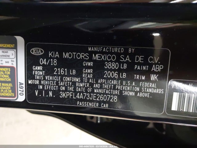 3KPFL4A73JE260728 KIA FORTE LX
