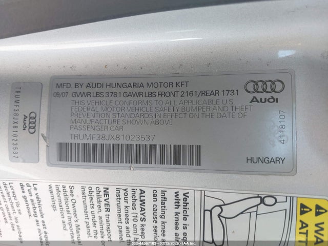 2008 AUDI TT TRUMF38JX81023537 Photo 8