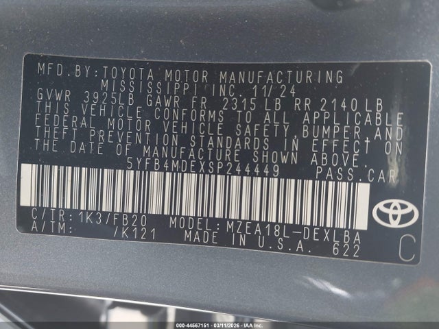 5YFB4MDEXSP244449 Toyota COROLLA LE