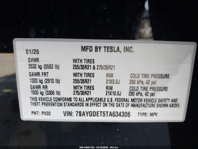 44567163 :رقم المزاد ، 7SAYGDET5TA634306 vin ، 2026 Tesla Model Y Performance All-wheel Drive مزاد بيع