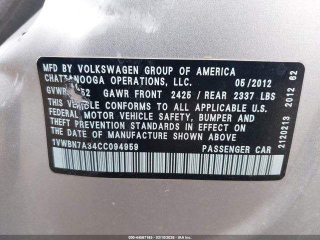 Продажа на аукционе авто 2012 Volkswagen Passat 2.0l Tdi Se, vin: 1VWBN7A34CC094959, номер лота: 44567165