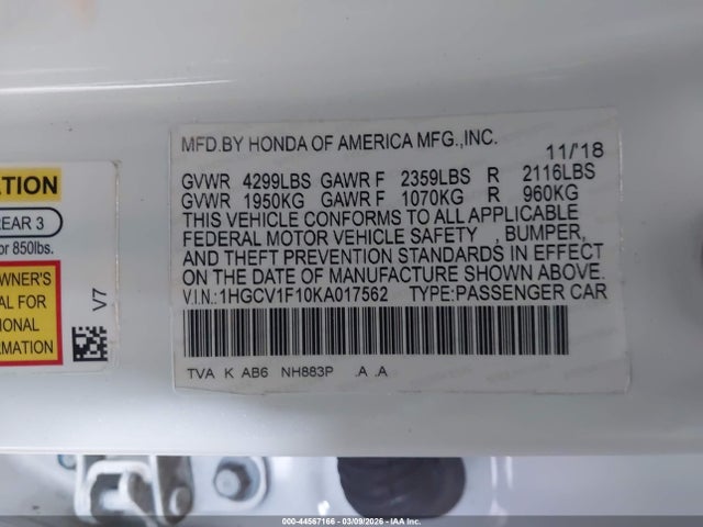 Honda ACCORD LX 2019 1HGCV1F10KA017562 Image 9